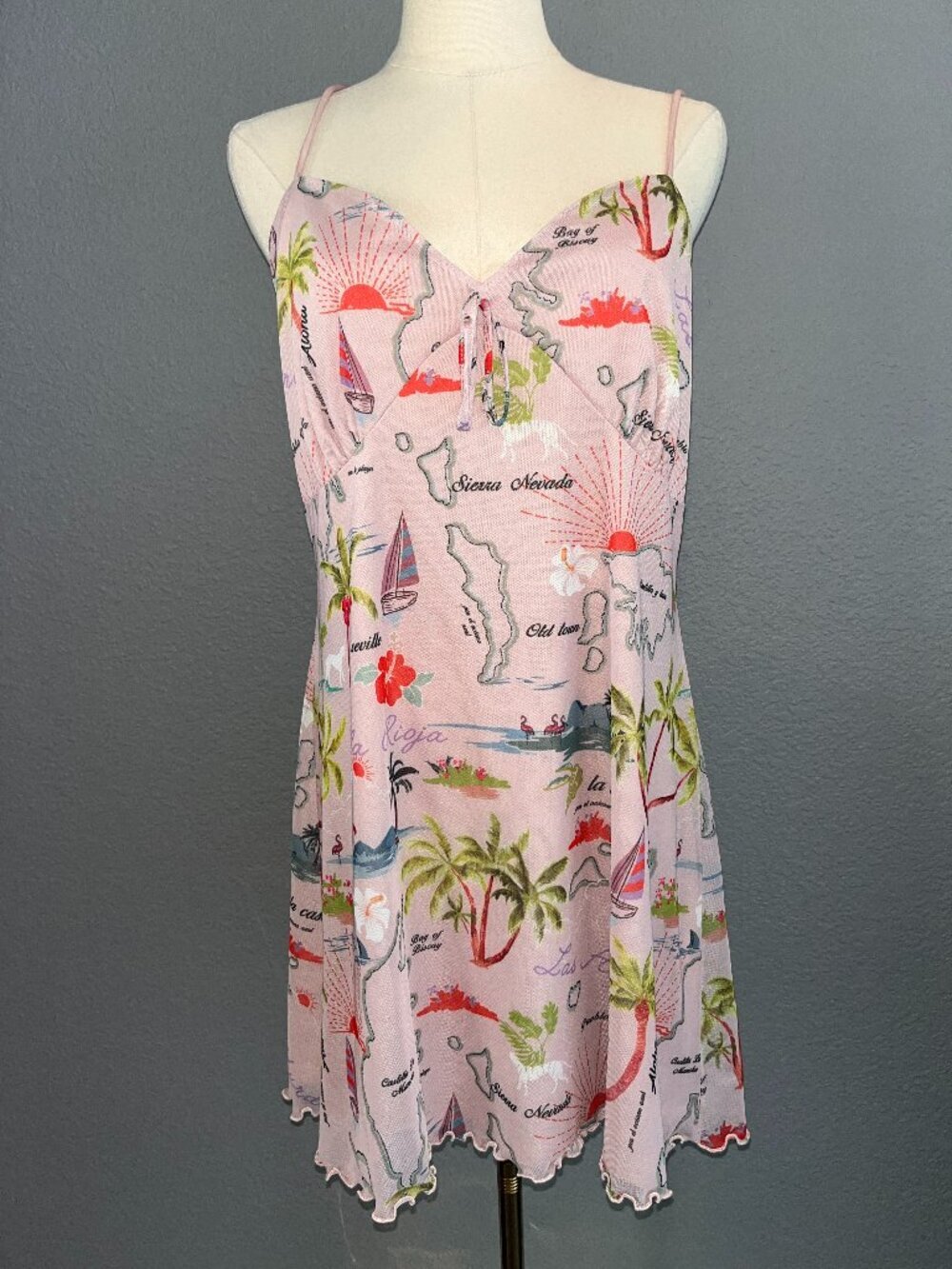 URBAN OUTFITTERS ELODIE TROPICAL MAP PRINT MESH MINI DRESS SPAGHETTI STRAPS  XXL